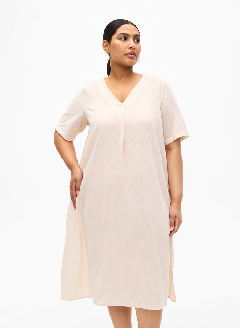 Cotton blend kaftan dress with linen, Beige, Model image number 0