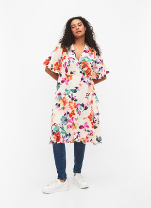 Floral wrap dress with 3/4 sleeves, Buttercream Flower, Model image number 0