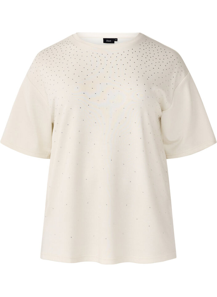 T-shirt with rhinestones and round neck, White, Packshot image number 0