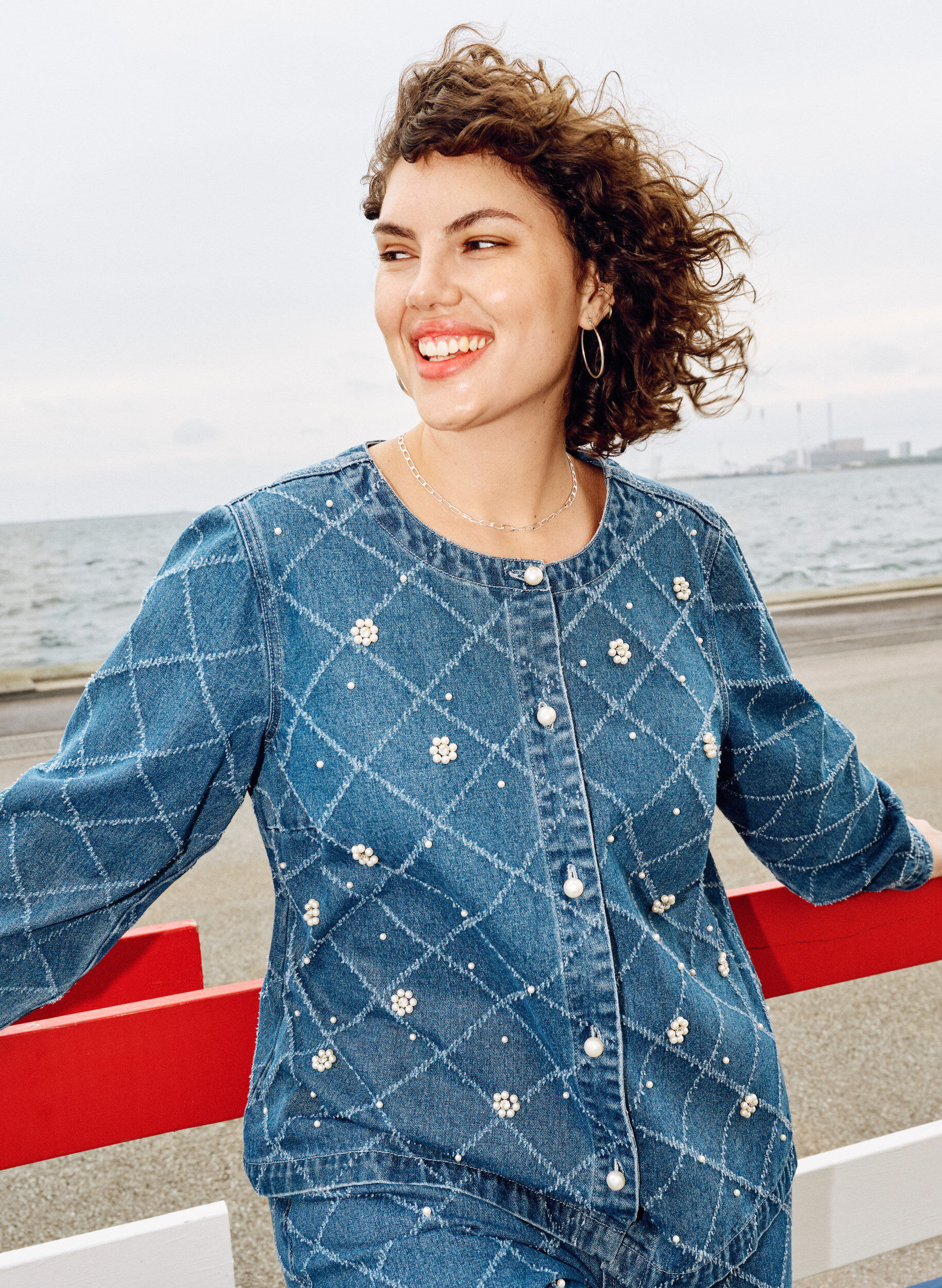 Zizzifashion Denim shirt with destroyed pattern and pearl details, Light Blue, Image image number 0