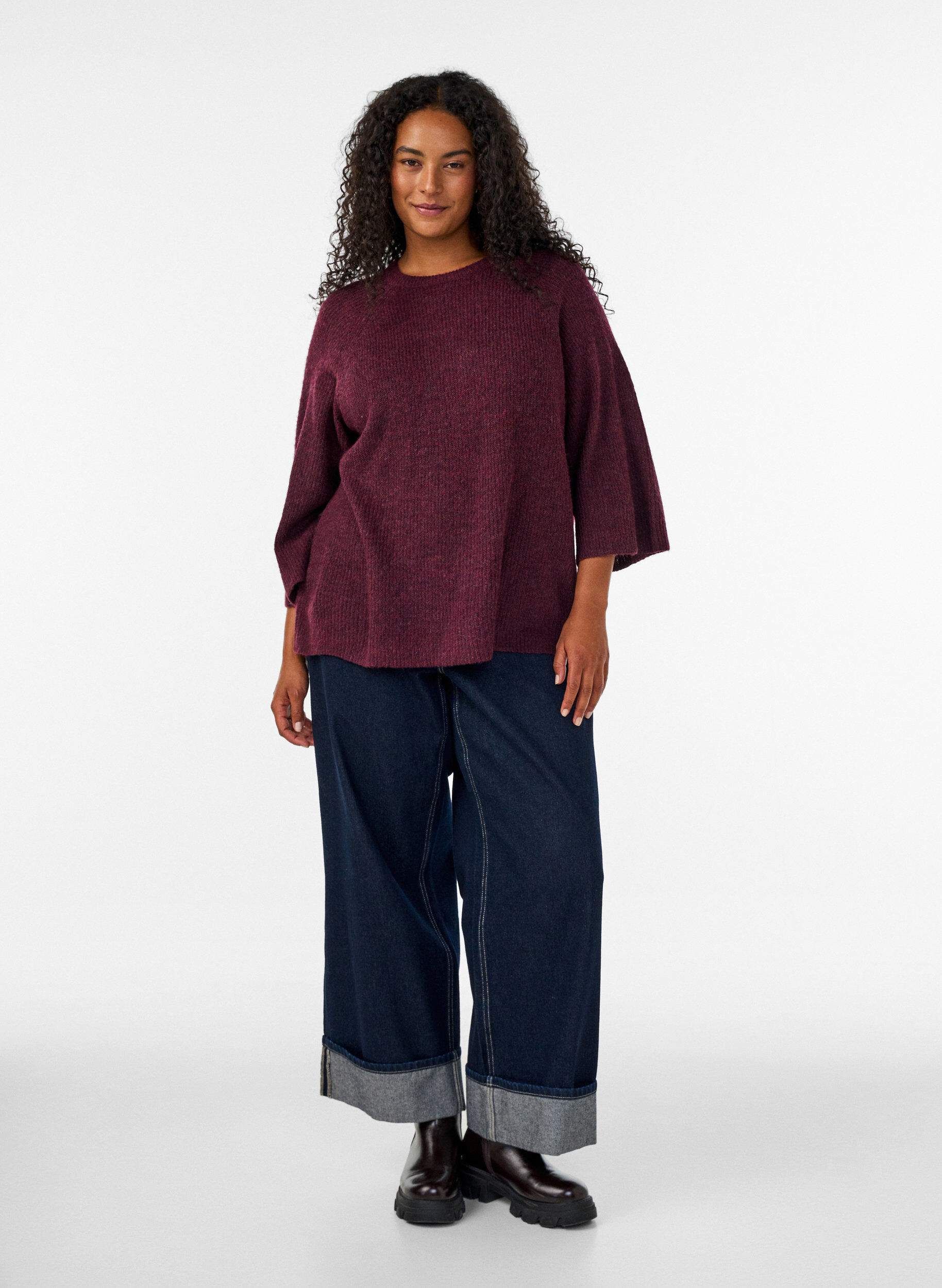 ZizzifashionRibbed jumper with 3/4 sleeves, Red, Model image number 1