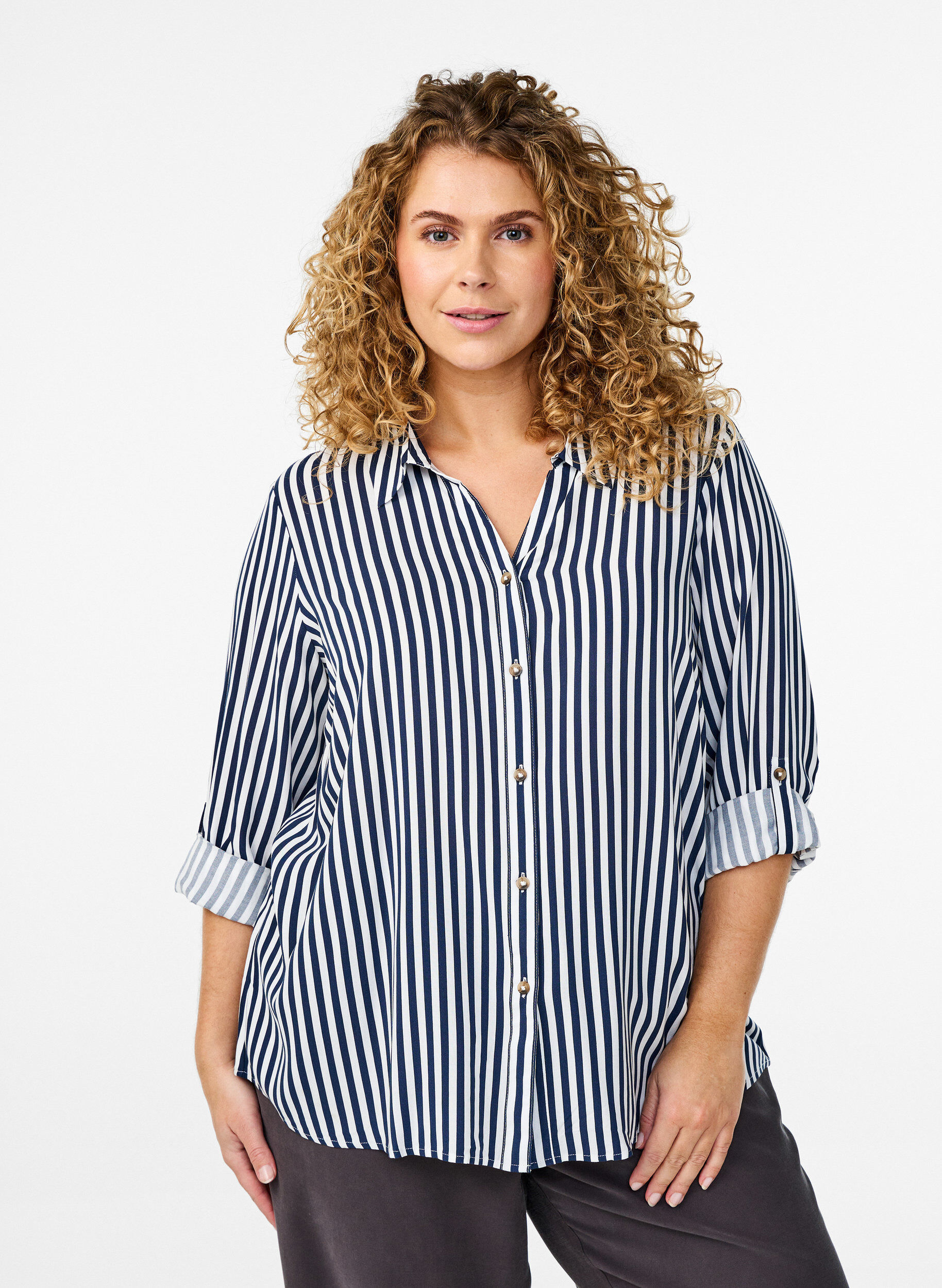 Zizzifashion FLASH - Striped shirt with rolled-up sleeves, Blue, Model image number 0