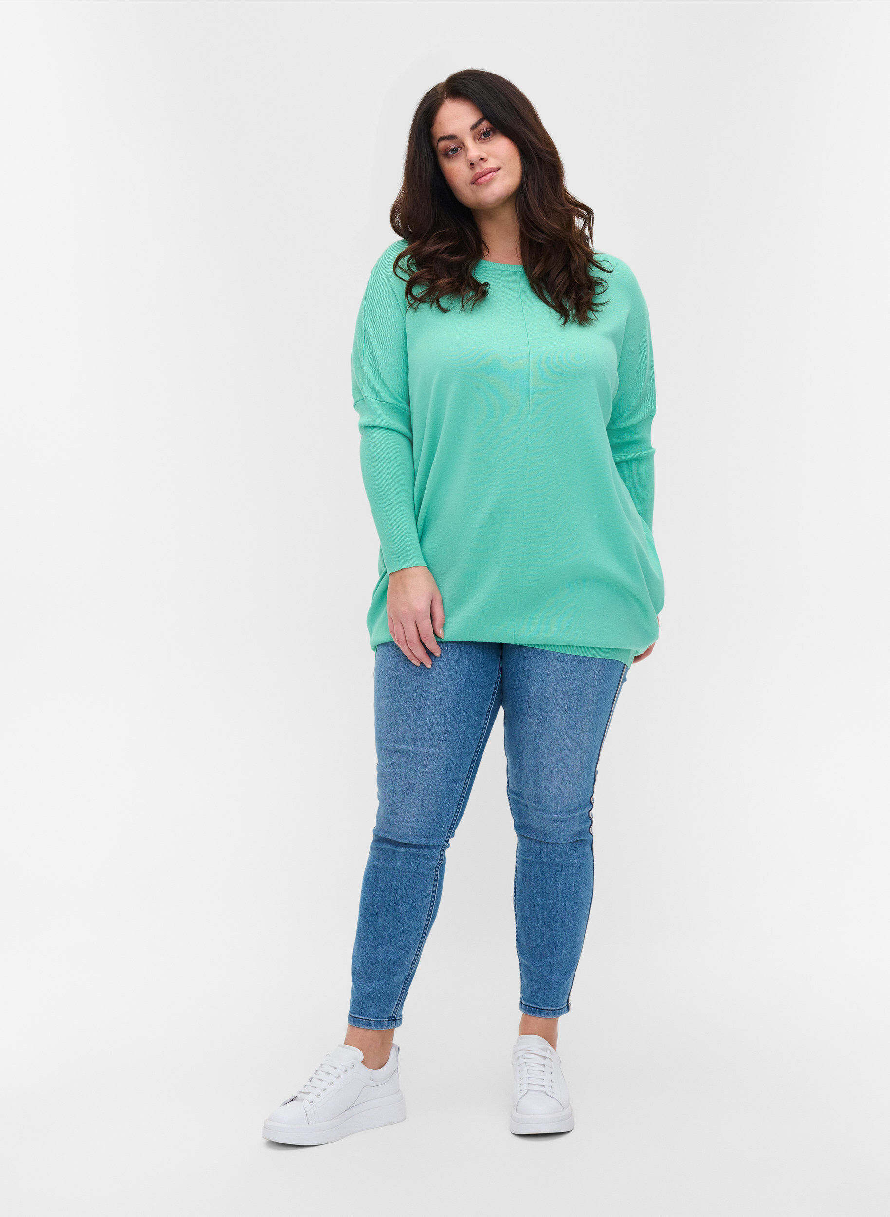 Zizzifashion Knitted jumper with round neckline, Dusty Jade Green, Model image number 2