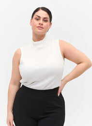 High neckline cotton top with ribbed fit, Bright White, Model