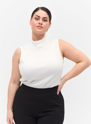 High neckline cotton top with ribbed fit, Bright White, Model image number 0