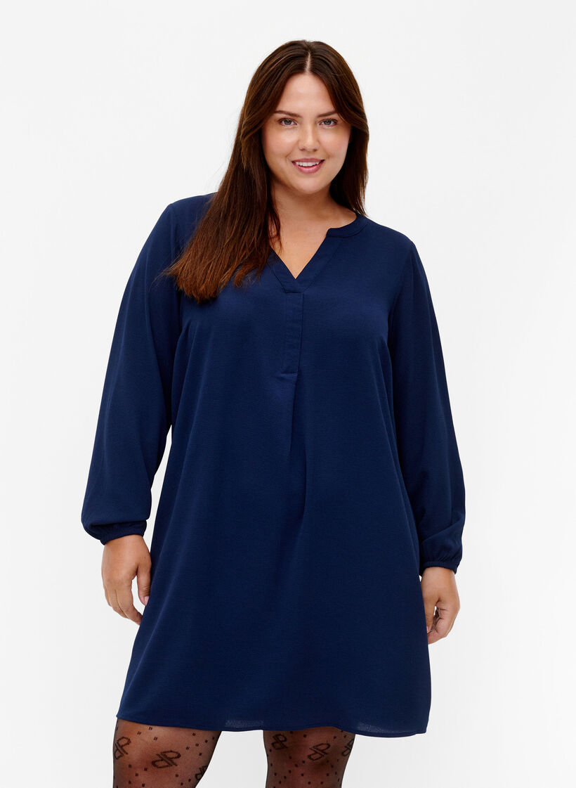 Long-sleeved V-neck dress, Navy, Model image number 0