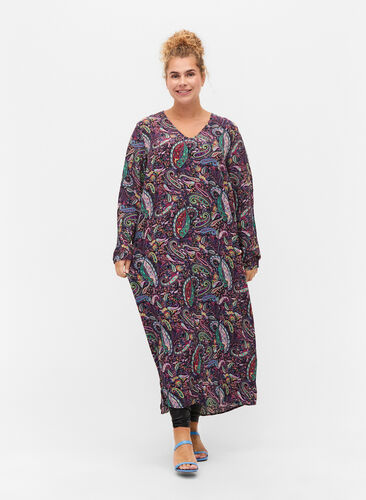 Viscose midi dress with paisley print, Multi Paisley, Model image number 0