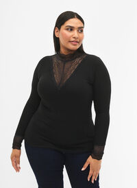 Ribbed viscose blouse with lace, Black, Model