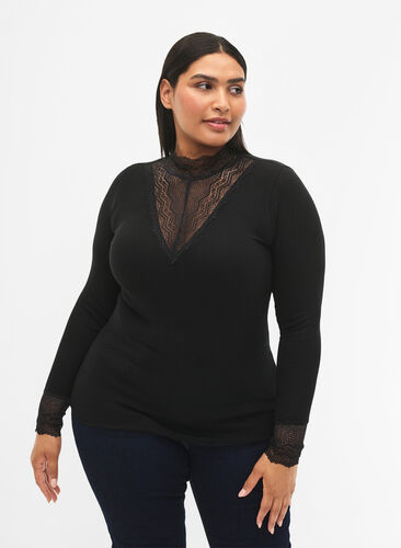 Ribbed viscose blouse with lace, Black, Model image number 0