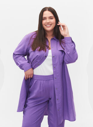 Long viscose shirt with buttons, Royal Lilac, Model image number 0