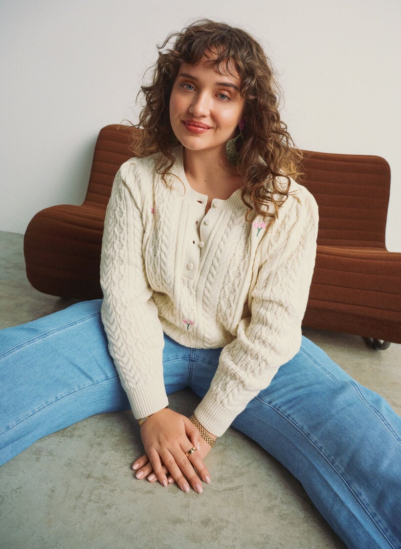 Knit blouse with cable pattern and embroidered flowers, White, Image image number 0