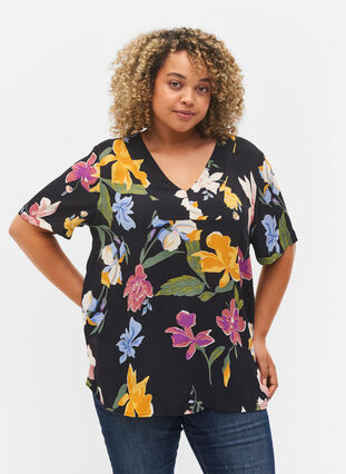 Short-sleeved floral viscose blouse, Big Flower AOP, Model image number 0