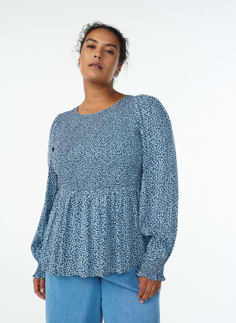 Blouse with smocked top and floral print, Blue, Model image number 0