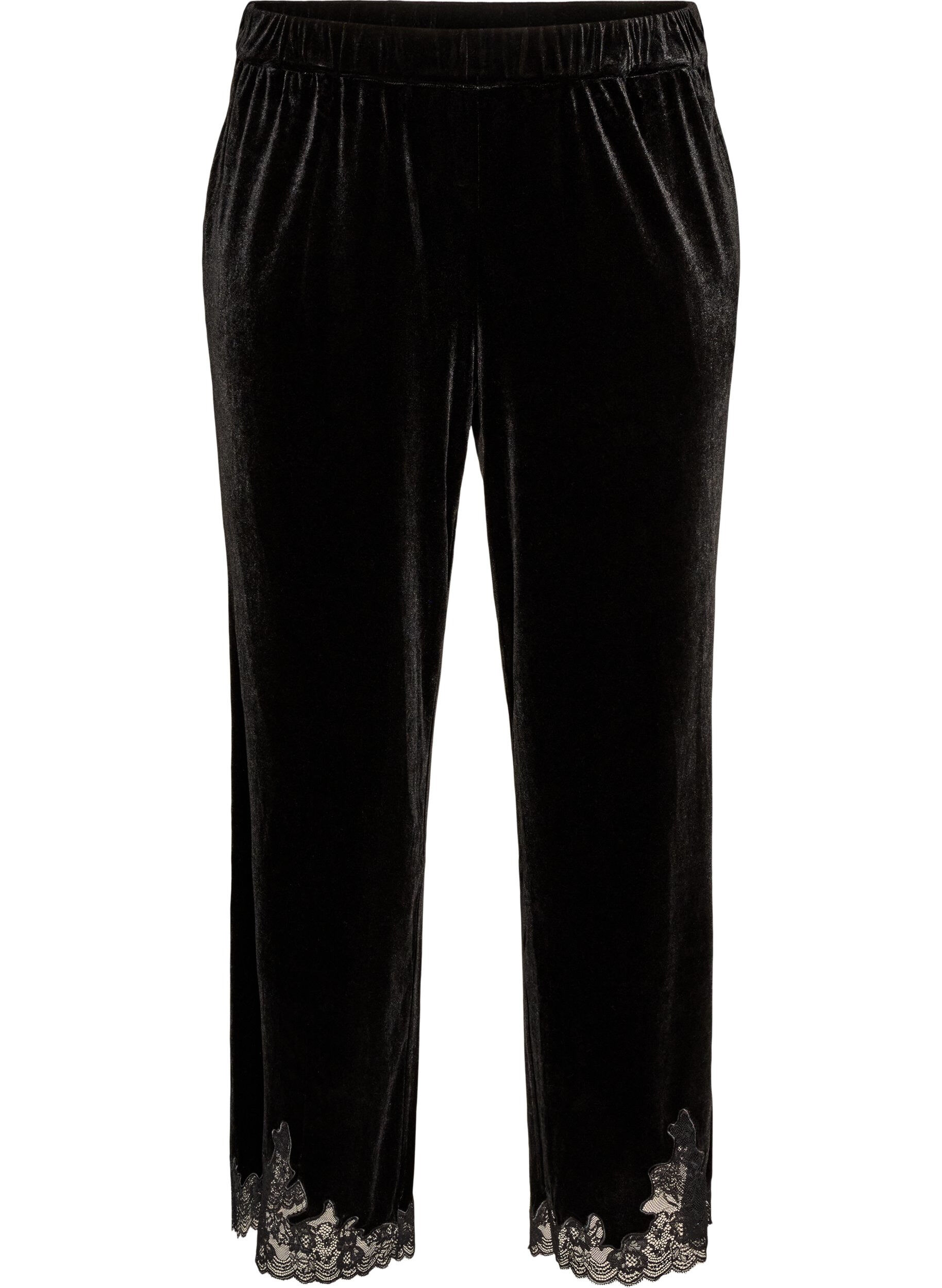 Velvet trousers with lace trim and wide legs