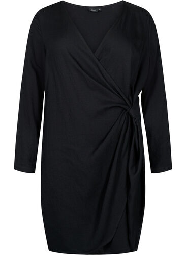 Long sleeve viscose dress with a wrap look, Black, Packshot image number 0