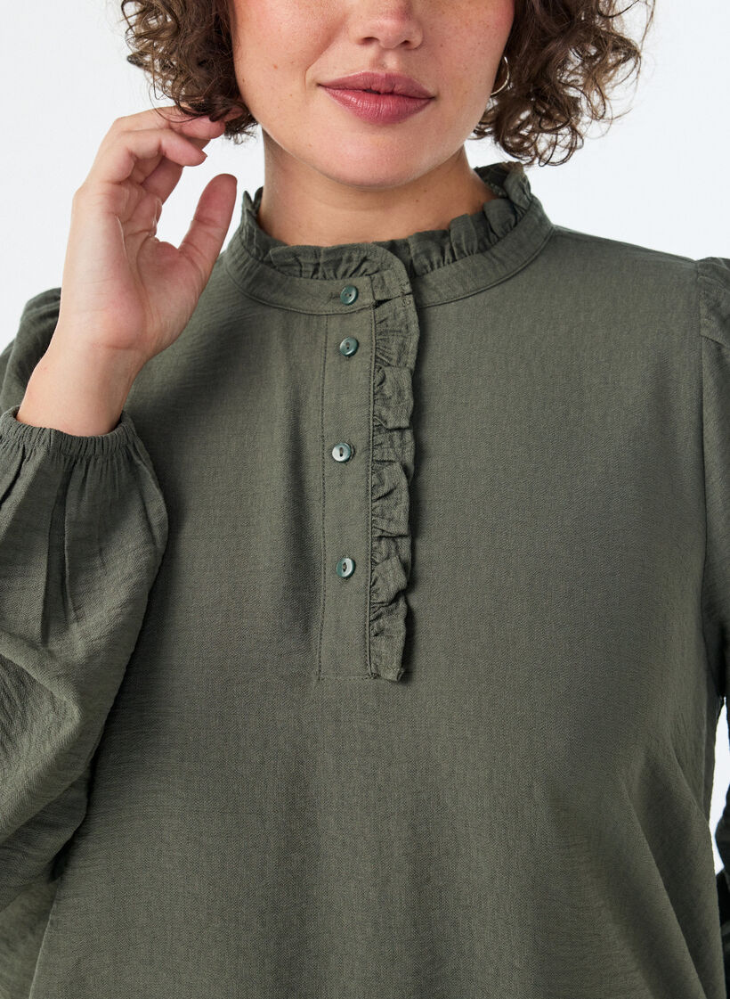 Viscose tunic with ruffles and buttons, Green, Model image number 3