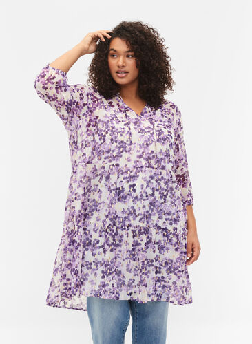 Tunic with floral print and lurex, Beige/Purple Flower, Model image number 0