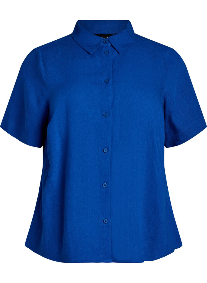 Short-sleeved shirt in linen and viscose, Blue, Packshot image number 0