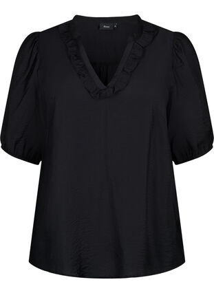 Viscose blouse with puff sleeves and ruffles, Black, Packshot image number 0
