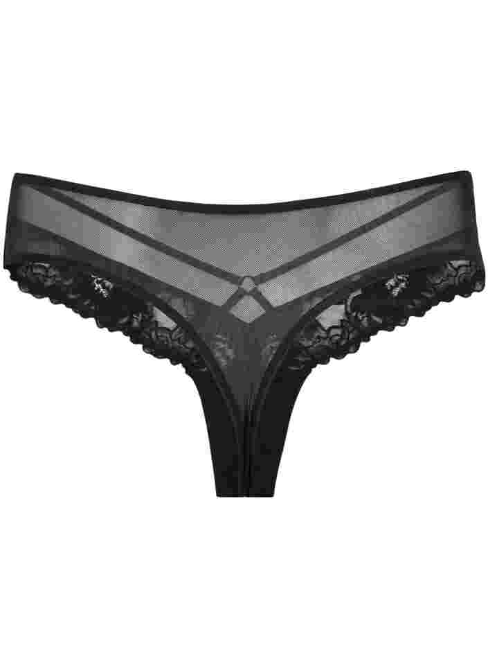 Lace thong with string and mesh, Black, Packshot image number 1