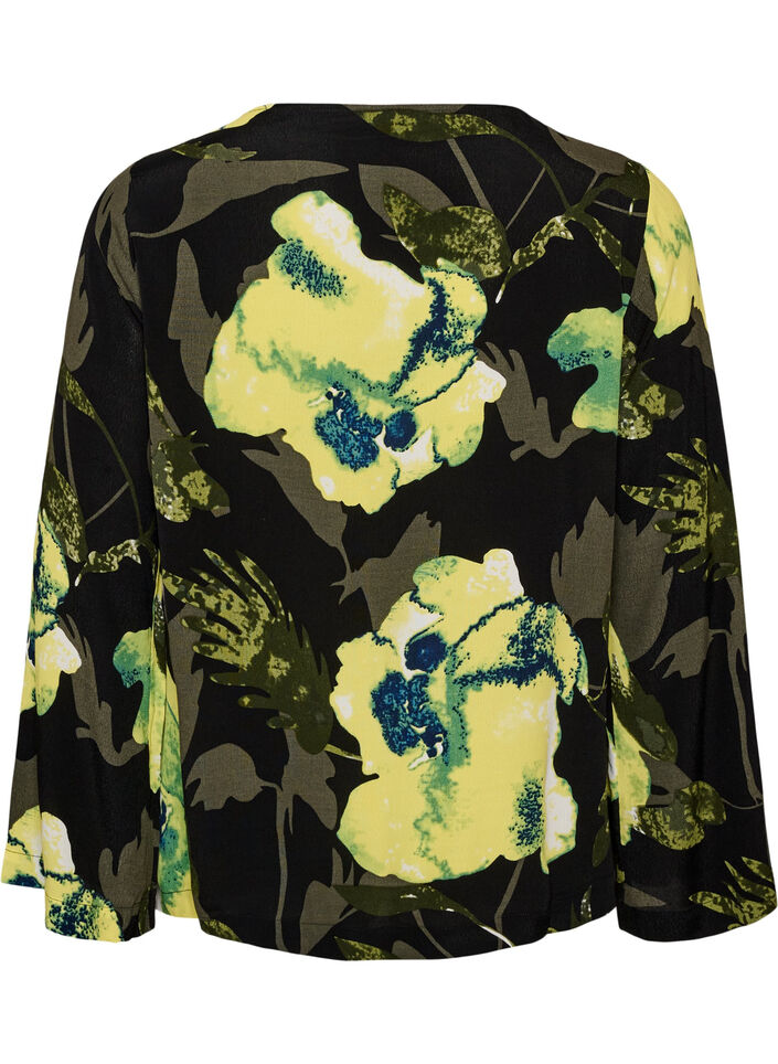 Floral blouse with a boat neck and wide sleeves, Black, Packshot image number 1
