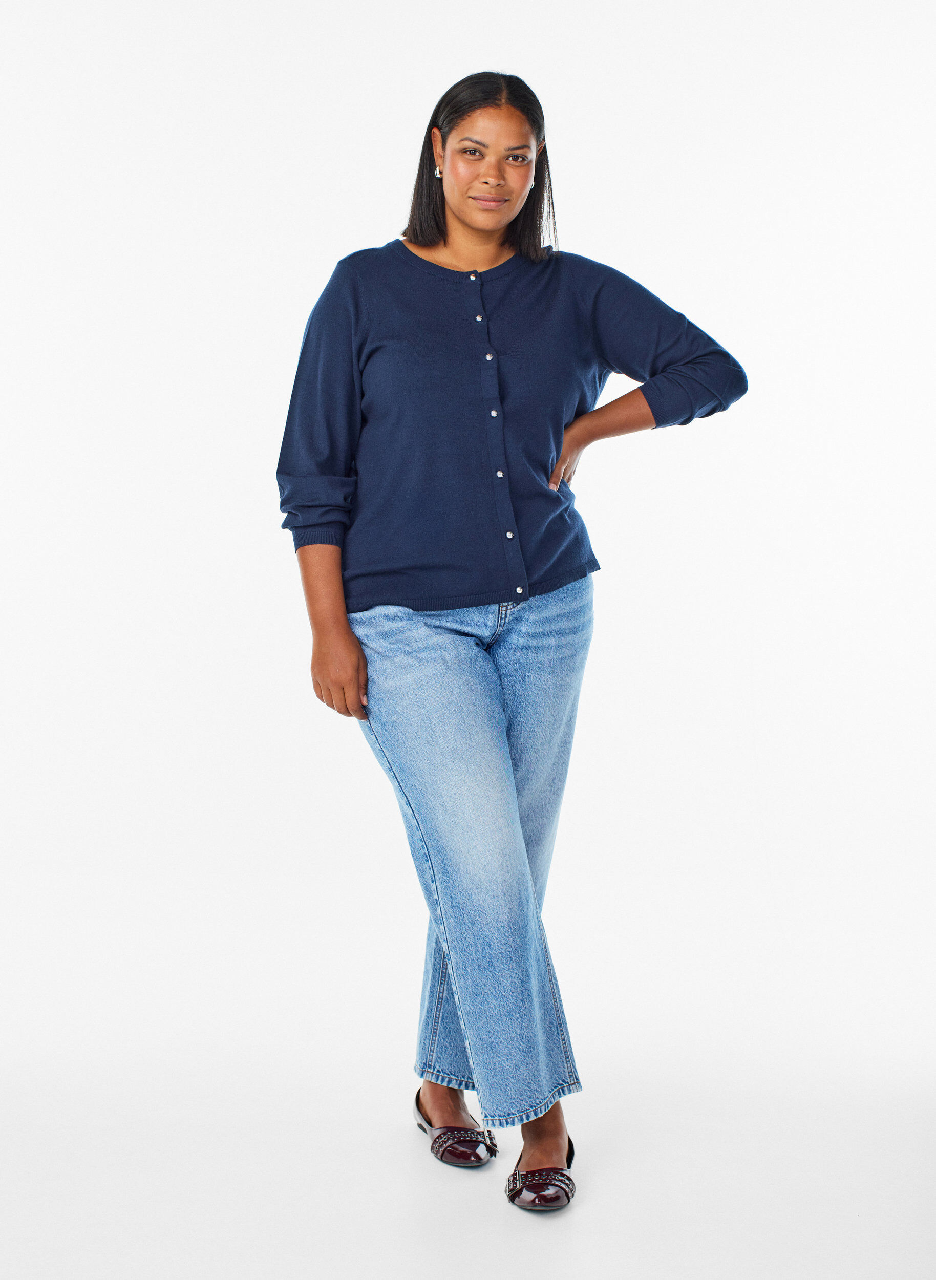 ZizzifashionCardigan with round buttons, Blue, Model image number 1