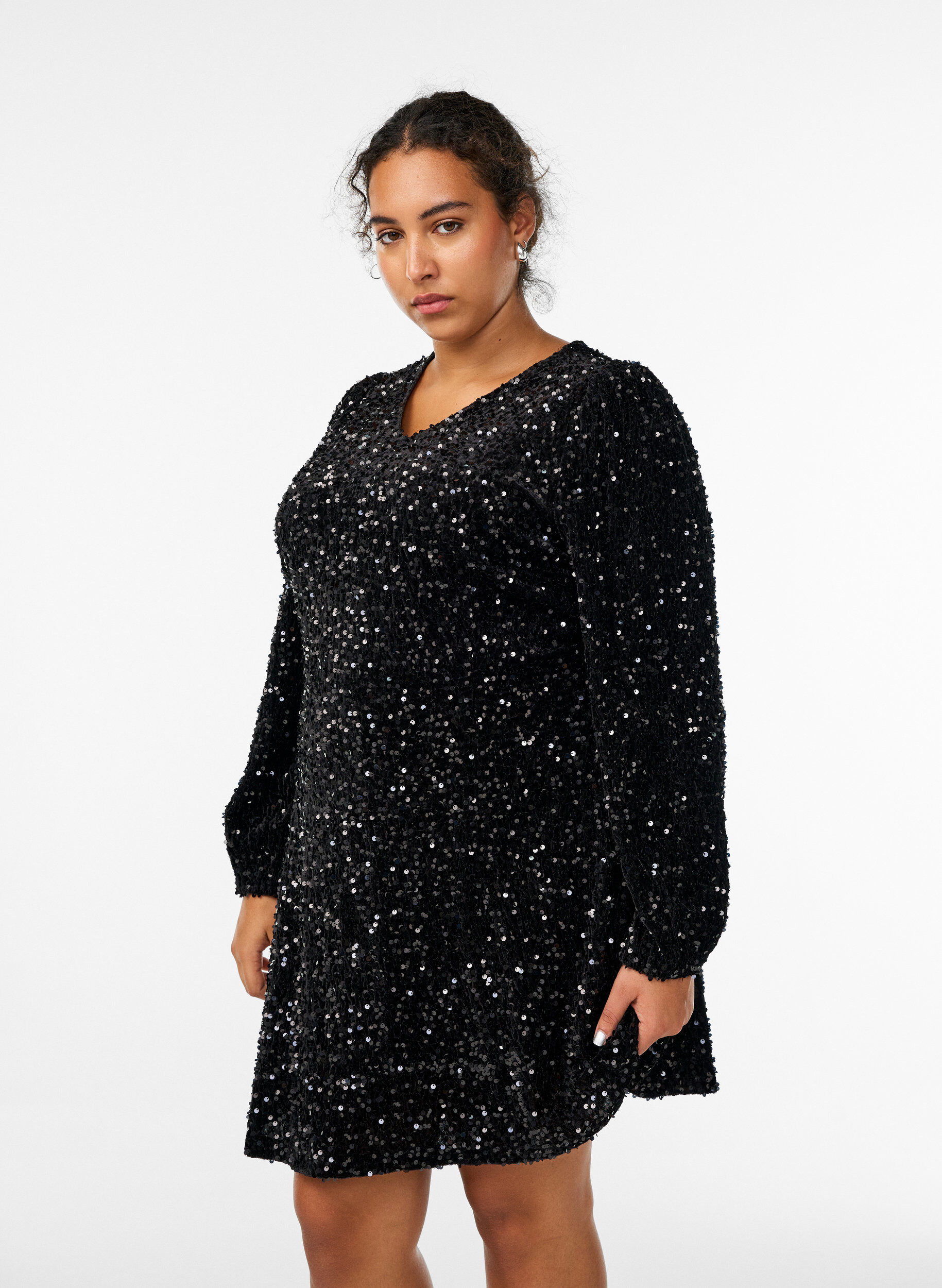 Zizzifashion Short A-line sequin dress, Black, Model image number 1