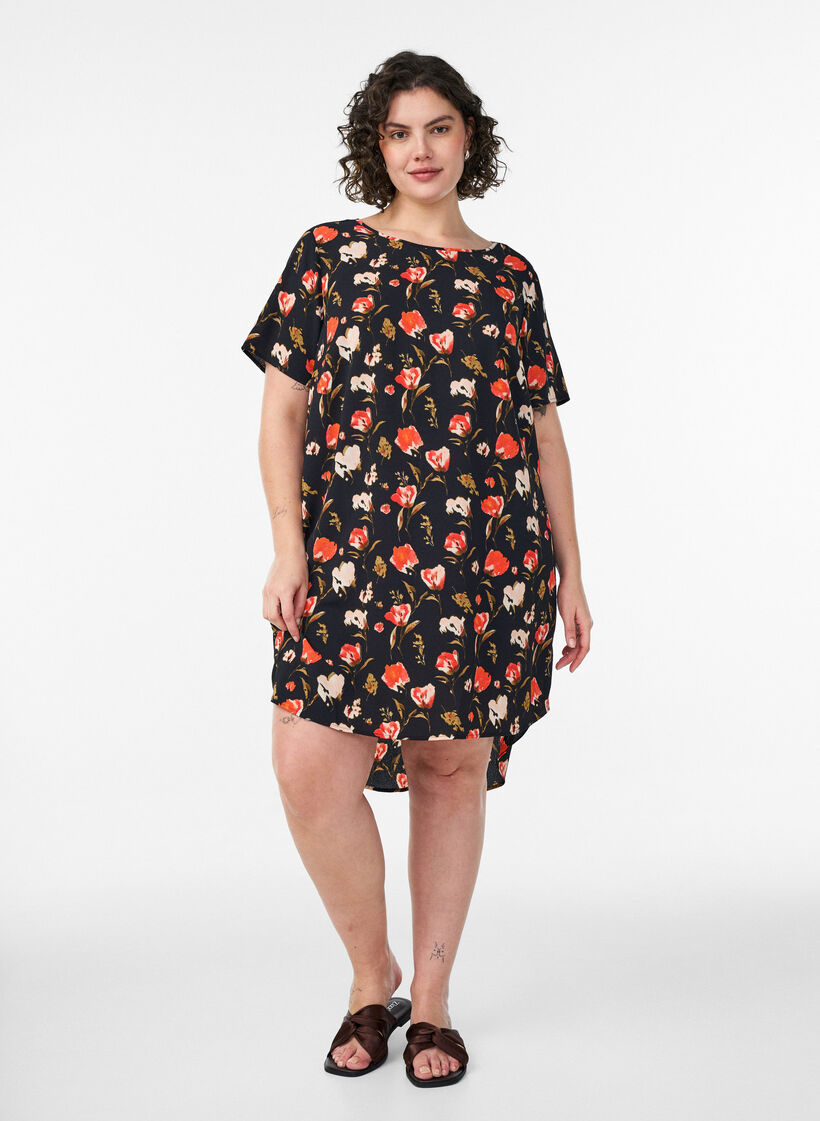 Dress with print and short sleeves, Black, Model image number 1