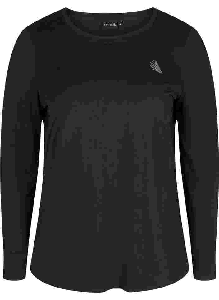 Sports blouse with long sleeves and text print, Black, Packshot image number 0