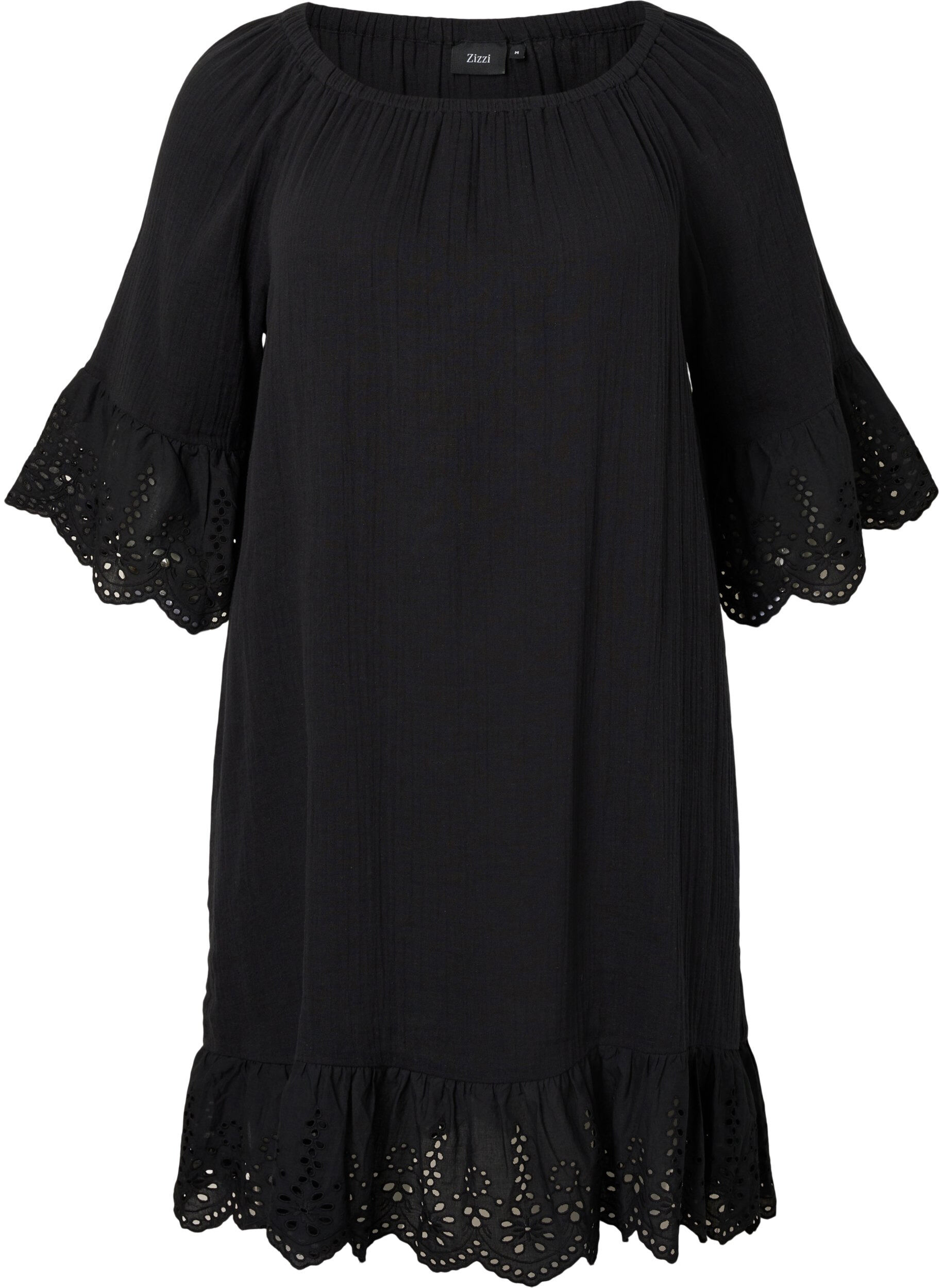 Zizzifashion Cotton dress with embroidery anglaise, Black, Packshot image number 0