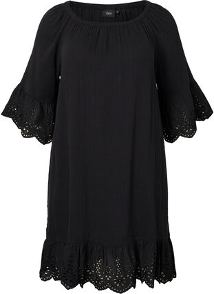Cotton dress with broderie anglaise, Black, Packshot image number 0