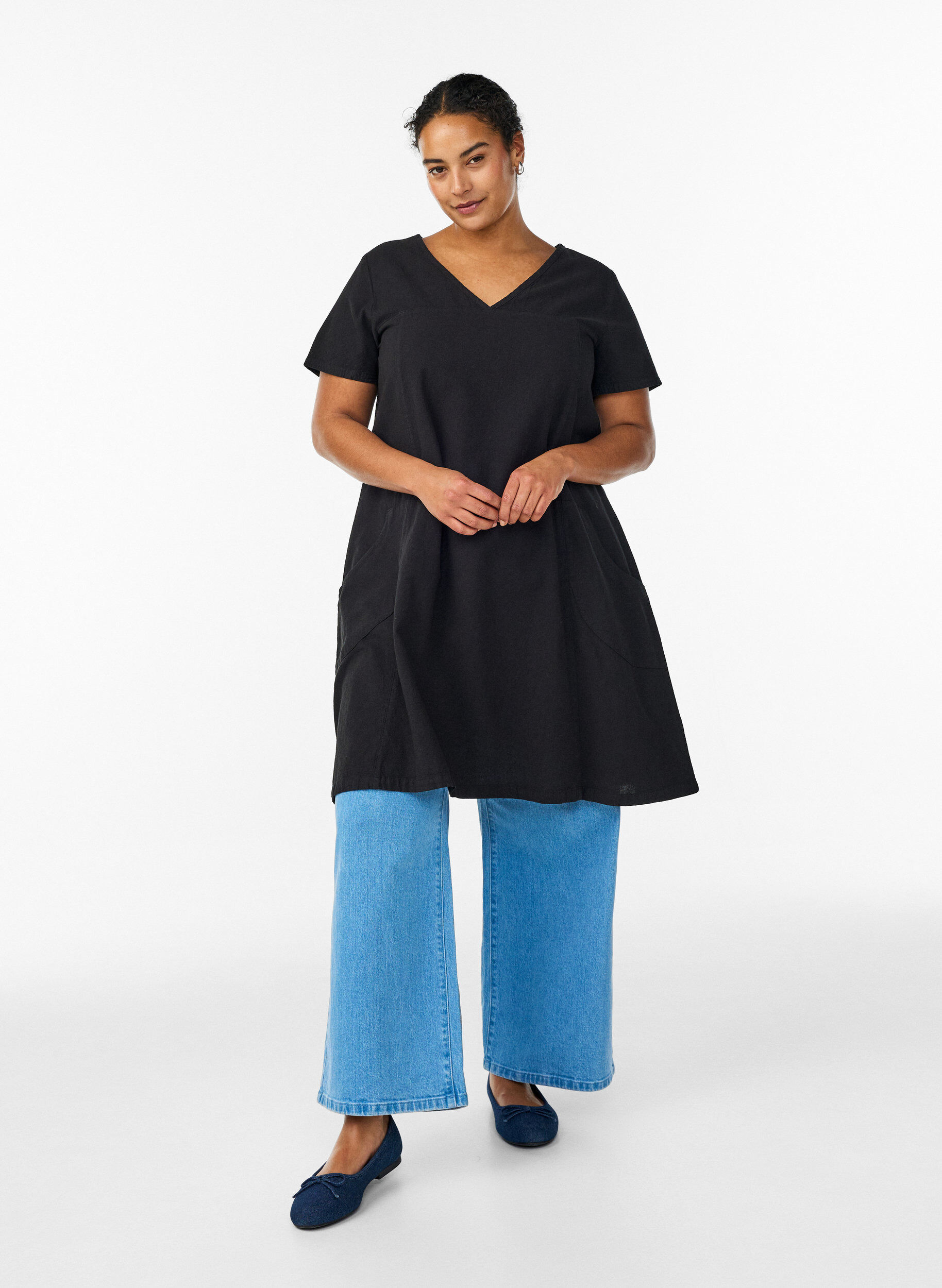 ZizzifashionShort-sleeved cotton dress, Black, Model image number 1