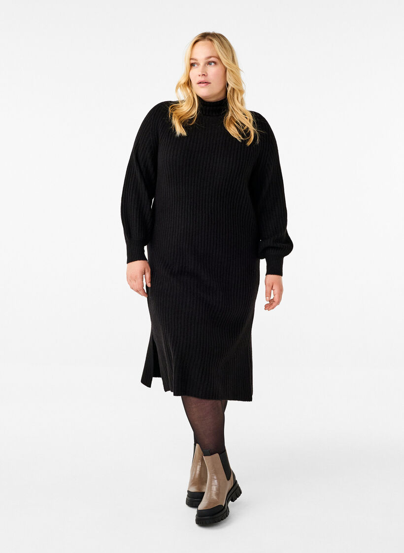 Long knit dress with turtleneck, Black, Model image number 0