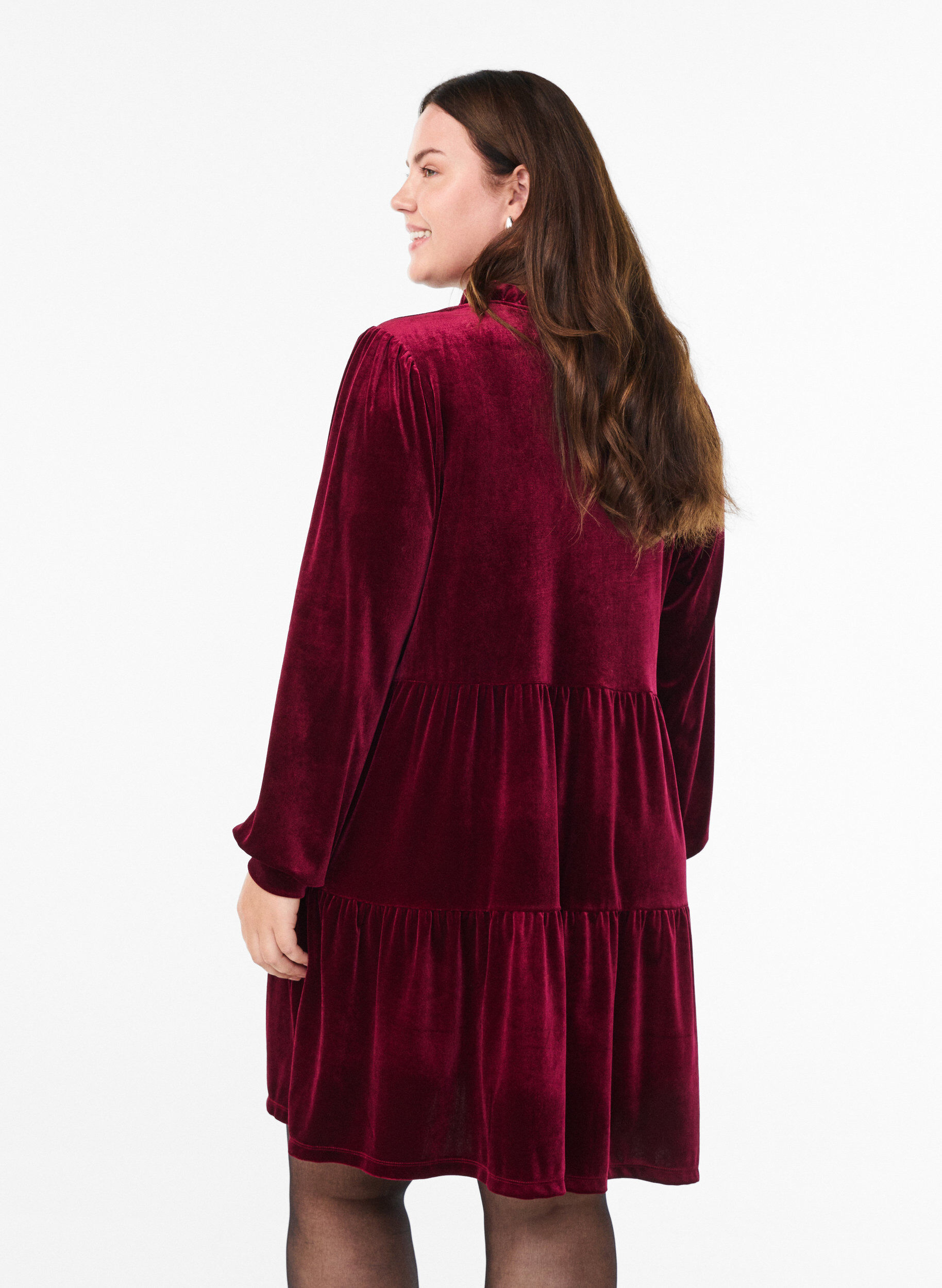 Zizzifashion Short velour dress with a ruffle collar and long sleeves, Red, Model image number 2