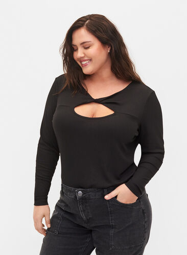 Top with cut out detail and long sleeves, Black, Model image number 0