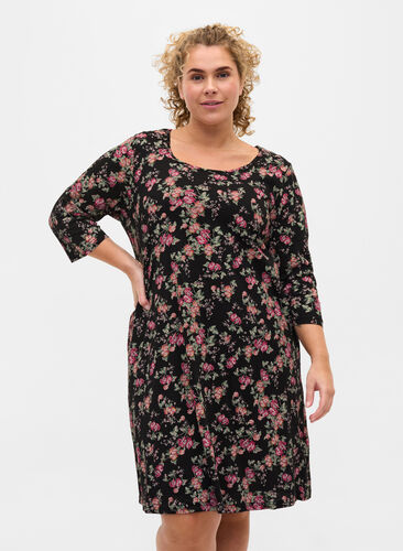 Cotton night dress, Black Pink Oran Flow, Model image number 0
