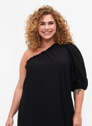 One-shoulder dress in viscose, Black, Model image number 2
