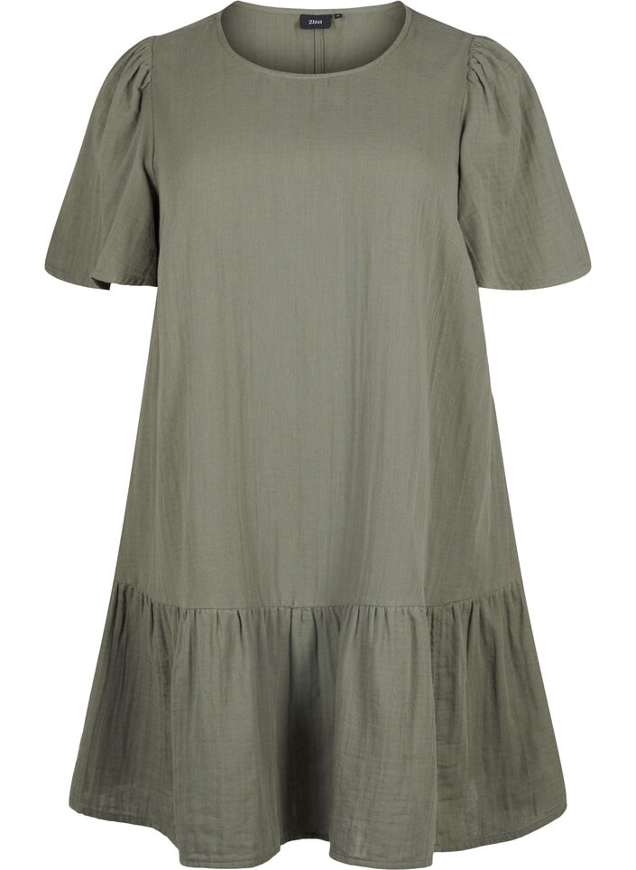Cotton short-sleeved dress with a-line cut, Green, Packshot image number 0