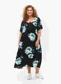 Floral dress with short sleeves in viscose, Black Big Flower, Model
