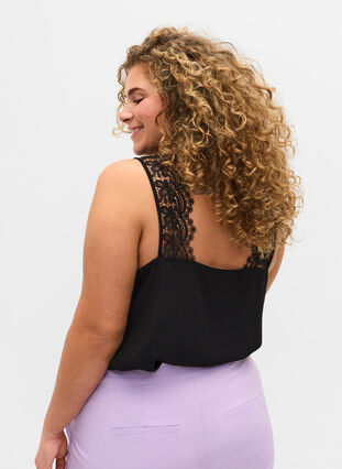 Sleeveless top with v-neck and lace, Black, Model image number 1