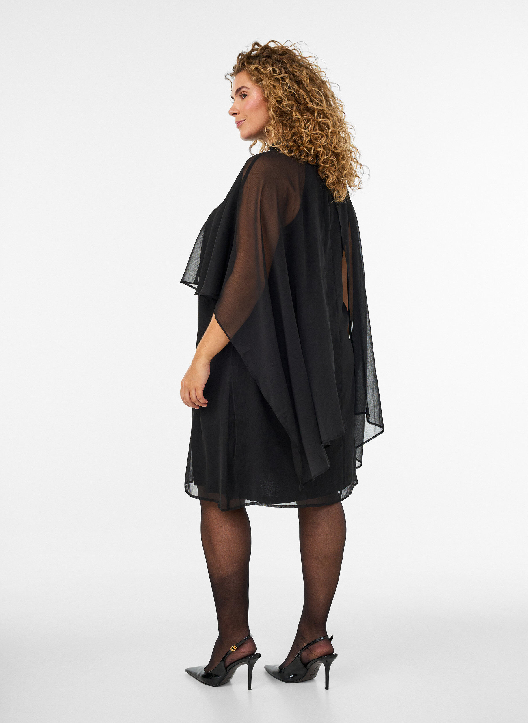 ZizzifashionKnee-length chiffon dress with sheer cape, Black, Model image number 2
