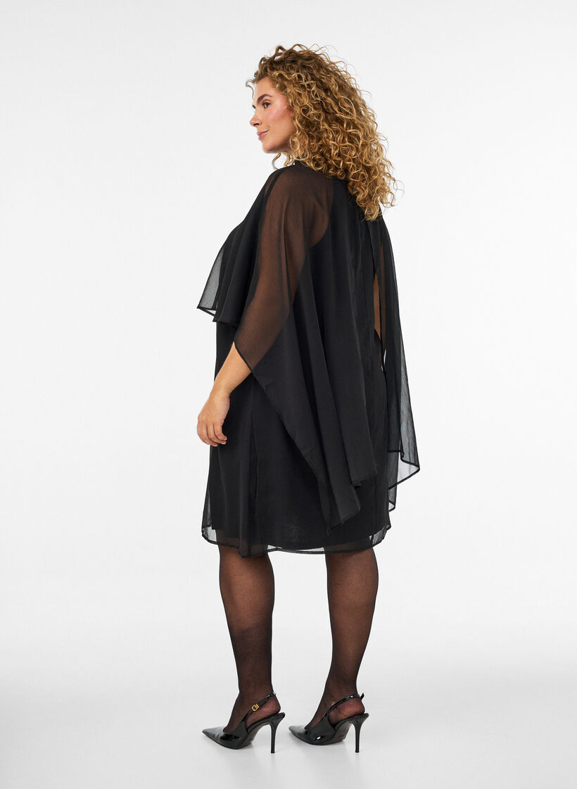 Knee-length chiffon dress with sheer cape, Black, Model image number 2