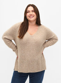Knit sweater with slit, Simply Taupe Mel., Model