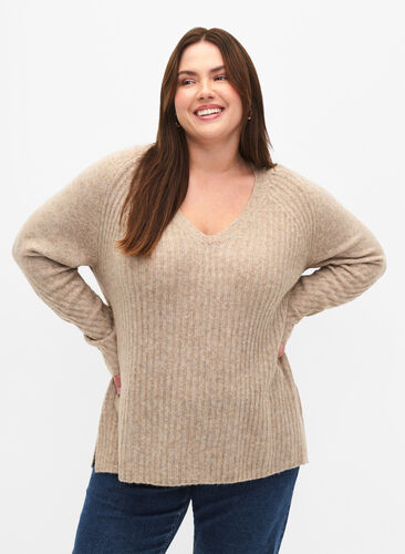 Knit sweater with slit, Simply Taupe Mel., Model image number 0