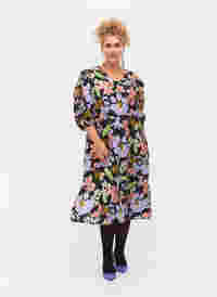 Floral viscose midi dress with 3/4 sleeves, Purple Green Flower, Model