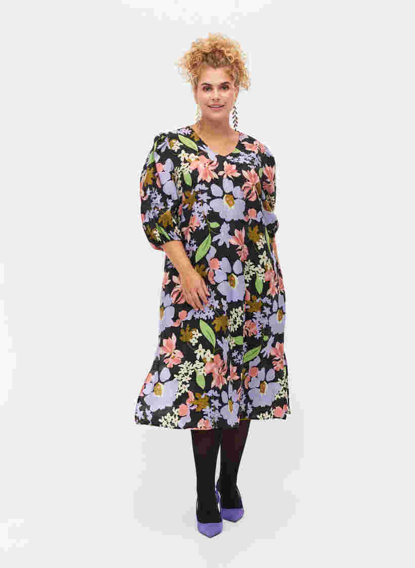 Floral viscose midi dress with 3/4 sleeves, Purple Green Flower, Model image number 0