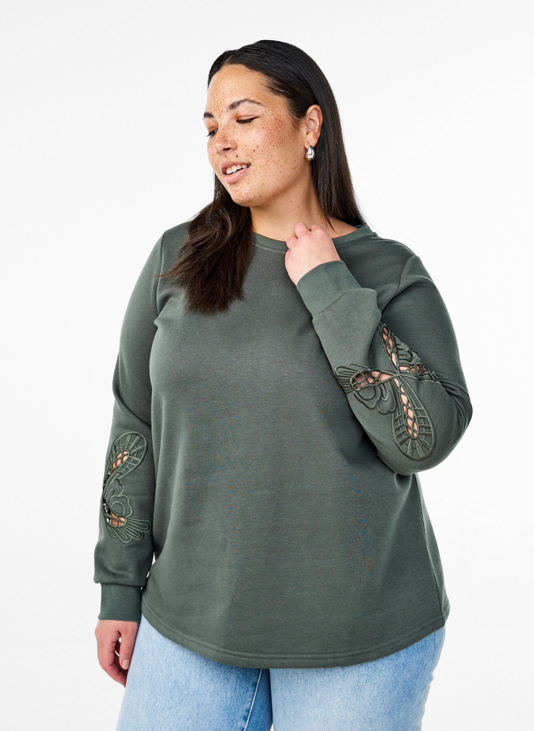 Zizzifashion Sweatshirt with embroidered cut-outs, Thyme, Model image number 0
