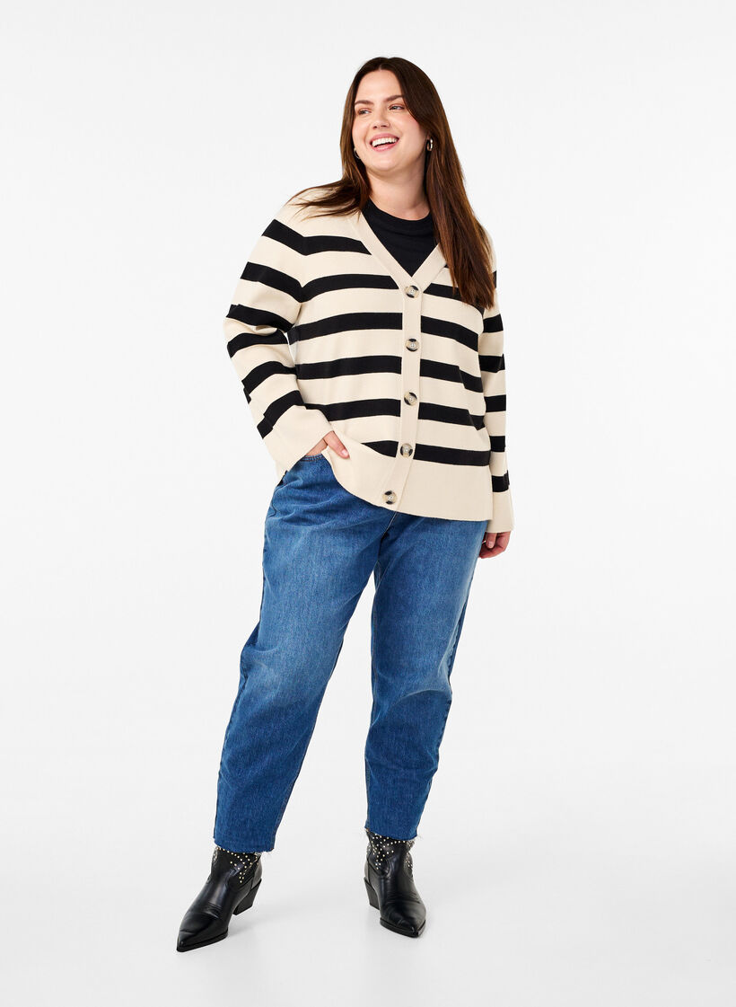 Striped knitted cardigan with V-neck, Birch w. Black, Model image number 2