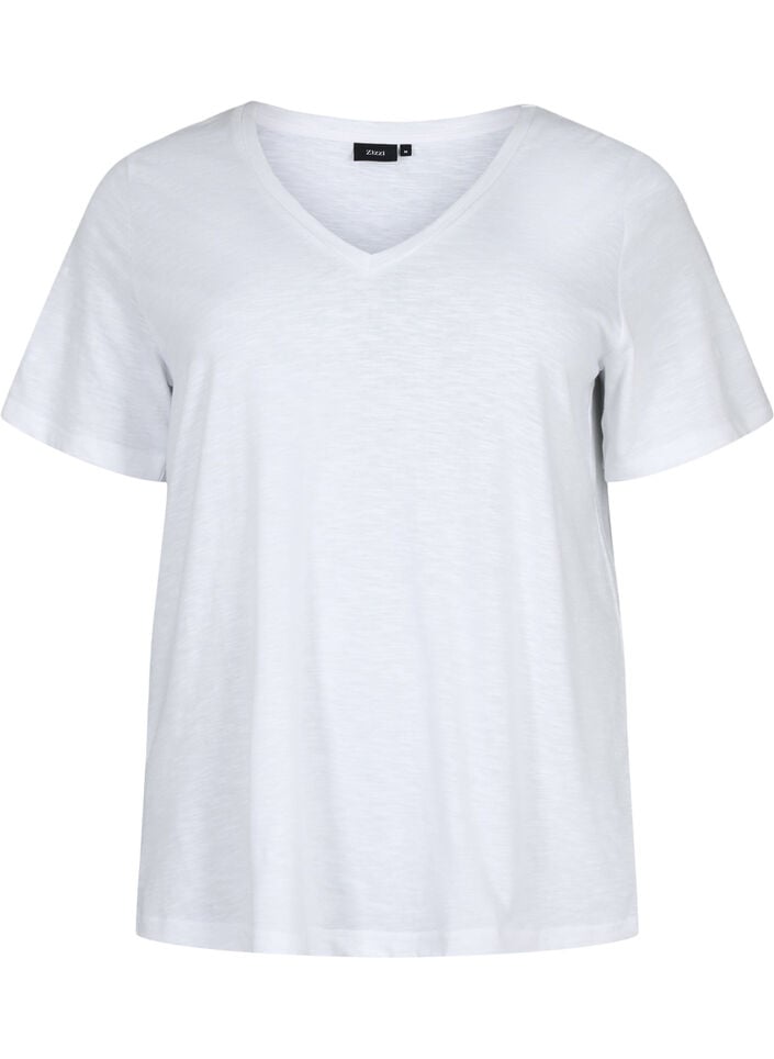Short-sleeved basic t-shirt with v-neck, White, Packshot image number 0