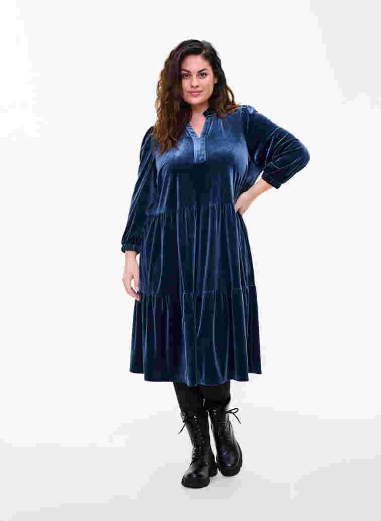 Velvet dress with ruffle collar and 3/4 sleeves, Navy Blazer, Model image number 0